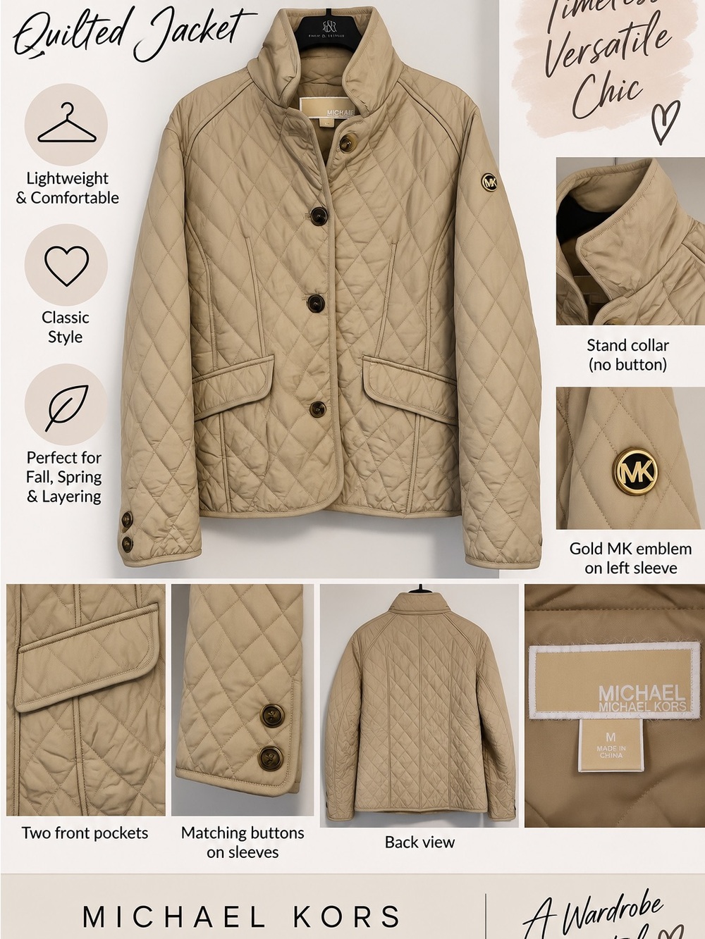 Michael Kors Quilted Puffer Jacket in Beige Tan